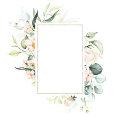 Watercolor floral frame / wreath - flowers, leaves and branches with gold geometric shape, for wedding invites, greeting cards, wallpapers, fashion, background. Eucalyptus, pink roses, green leaves.