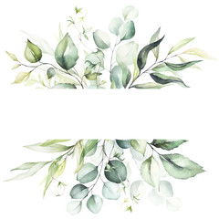 Watercolor floral frame / border - green branches and green leaves, for wedding stationary, greetings, wallpapers, fashion, background. Eucalyptus, olive, green leaves, etc. © Veris Studio