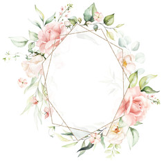 Obraz premium Watercolor floral frame / wreath - flowers, leaves and branches with gold geometric shape, for wedding invites, greeting cards, wallpapers, fashion, background. Eucalyptus, pink roses, green leaves.