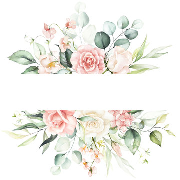 Watercolor floral frame / border - flowers and green leaves, for wedding stationary, greetings, wallpapers, fashion, background. Eucalyptus, olive, green leaves, etc.