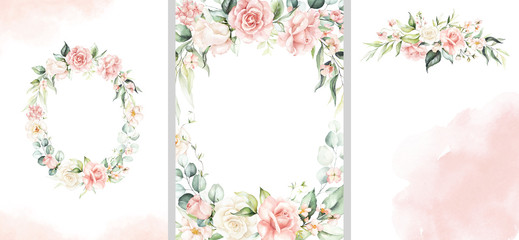 Watercolor floral illustration set - collection of green pink wreath, frame, bouquet, for wedding stationary, greetings, wallpaper, fashion, posters, background. Eucalyptus, olive, green leaves, rose.