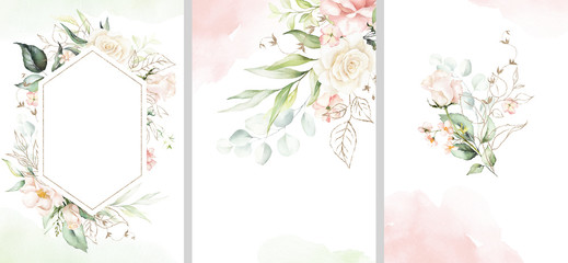 Watercolor floral illustration set - collection of gold green pink frame, border, bouquet, wreath, for wedding, greetings, wallpaper, fashion, posters, background. Eucalyptus, olive, leaves, rose.