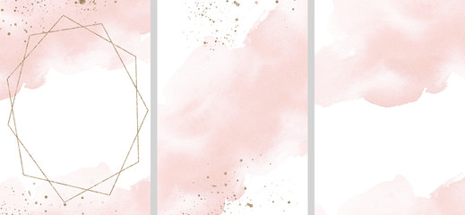 Watercolor abstract illustration set - collection of pink textures, border, gold geometric wreath, for wedding, greetings, wallpaper, fashion, posters, background. Eucalyptus, olive, leaves, rose.