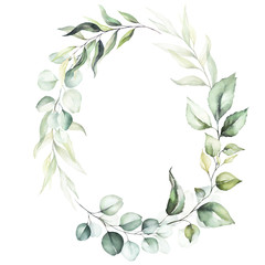 Watercolor floral wreath / frame with green leaves and branches, for wedding stationary, greetings, wallpapers, fashion, background. Eucalyptus, olive, green leaves.