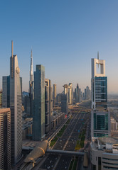 Obraz premium Dubai skyline in sunset time, United Arab Emirates. May 2019