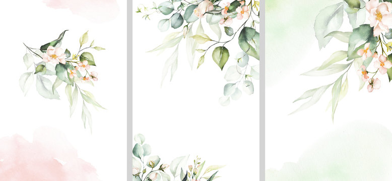 Watercolor floral illustration set - collection of green pink frame, border, bouquet, for wedding stationary, greetings, wallpaper, fashion, posters, background. Eucalyptus, olive, green leaves, rose.
