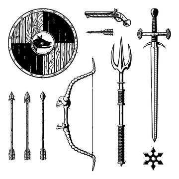 Vector set of ink medieval weapons isolated on white. Includes a shield, arrows, a flintlock pistol, a trident, a skull bow, a throwing star, a steel sword and a dart. Can represent an adventure, the 