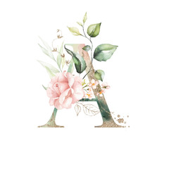 Gold Green Floral Alphabet - letter A with peach pink white gold green botanic flower branch bouquet composition. Unique collection for wedding invites decoration, birthdays & other concept ideas.
