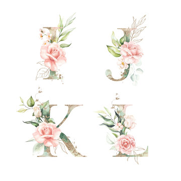 Gold Green Floral Alphabet Set Collection - letters I, J, K, L with peach pink white gold botanic flower branch bouquets composition. Wedding invitations, baby shower, birthday, other concept ideas.