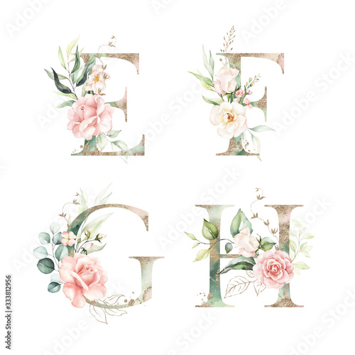 Download Gold Green Floral Alphabet Set Collection Letters E F G H With Peach Pink White Gold Botanic Flower Branch Bouquets Composition Wedding Invitations Baby Shower Birthday Other Concept Ideas Wall Mural Veris Studio