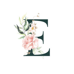 Dark Green Floral Alphabet - letter E with peach pink gold green botanic flower branch bouquet composition. Unique collection for wedding invites decoration, birthdays & other concept ideas.