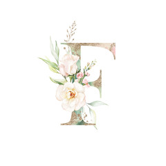 Gold Green Floral Alphabet - letter F with peach pink white gold green botanic flower branch bouquet composition. Unique collection for wedding invites decoration, birthdays & other concept ideas.