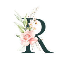Dark Green Floral Alphabet - letter R with peach pink gold green botanic flower branch bouquet composition. Unique collection for wedding invites decoration, birthdays & other concept ideas.