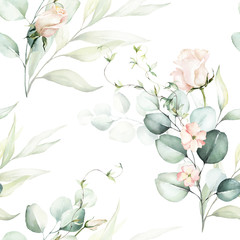 Blumenmuster des nahtlosen Aquarells - rosa Blumen, grüne Blätter u. Niederlassungen auf weißem Hintergrund  für Wrapper, Tapeten, Postkarten, Grußkarten, Hochzeitseinladungen, romantische Events.