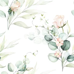 Behang Naadloos waterverf bloemenpatroon - roze bloemen, groene bladeren &amp  takken op witte achtergrond  voor wrappers, wallpapers, ansichtkaarten, wenskaarten, huwelijksuitnodigingen, romantische evenementen. © Veris Studio