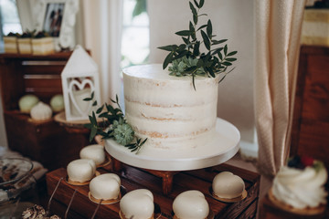 Sweet dessert table or candy bar. Wedding party. Natural light. Macaron and meringue pyramid. Cupcakes and marshmallow.
