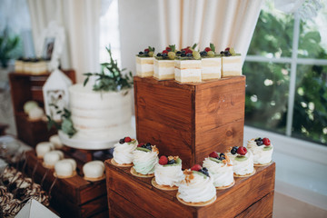 Sweet dessert table or candy bar. Wedding party. Natural light. Macaron and meringue pyramid. Cupcakes and marshmallow.