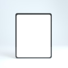 Black tablet computer with blank screen, isolated on white background. 3d rendering. Empty space for text,art. 3d mock up for your design