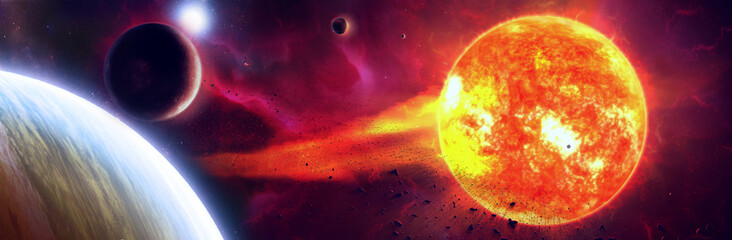 Surreal 3d illustration of sun surface with solar flares burning planets