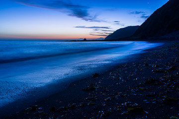 ニュージーランド　夕暮れ時のウェリントンのレッド・ロックスのビーチ