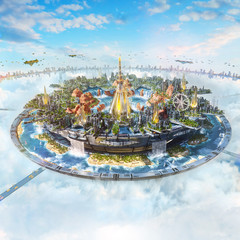 Artistic 3d illustration of a digital modern kingdom in the sky - obrazy, fototapety, plakaty