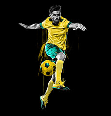 caucasian soccer player man isolated black background light painting