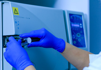 Medical equipment in the laboratory for the production of the coronavirus vaccine. Medical treatment for covid-19. Drug treatment and vaccine development 