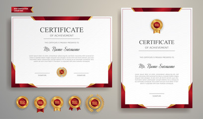 Red and gold certificate of appreciation border vector template with luxury badge and modern line pattern. For award, business, and education needs