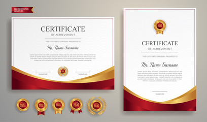 Red and gold certificate of appreciation border vector template with luxury badge and modern line pattern. For award, business, and education needs