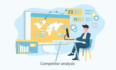 Illustrated competitor analysis concept and man on laptop with various graphs and measures. Vector Illustration