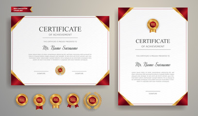 Red and gold certificate of achievement template with gold badge and border