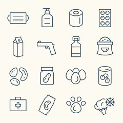 Coronavirus quarantine supply kit vector icons. COVID-19 household stock up items.