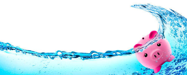Pink Piggy Bank Under Water With Tidal Wave - Savings At Risk / Drowning In Debt Concept