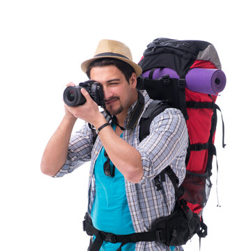Backpacker with camera isolated on white background