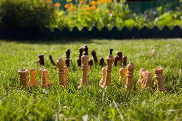 Chess pieces on the lawn on a sunny summer day. Chess game without a chessboard
