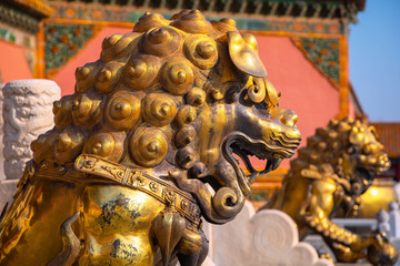 Lion sculptures at Qianqingmen gate - The Gate of Heavenly Purity in the Forbidden City, Beijing,...