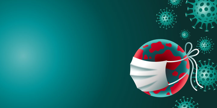 Coronavirus, 2019-nCoV, COVID-19, Bacteria, earth globe wearing protective Medical Surgical mask on green background, illustration