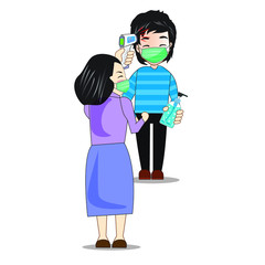  Illustration, vector, fever test before work, wearing a mask and using a gel to wash hands