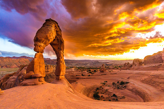 Sunset over Delicate Arch - Desert Arches National Park Landscape Picture