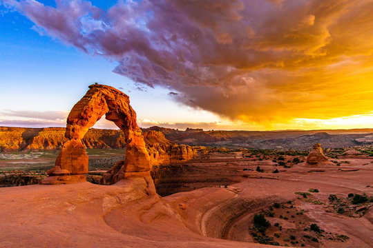 Sunset over Delicate Arch - Desert Arches National Park Landscape Picture