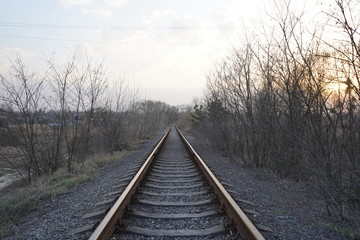 Fototapeta na wymiar Railroad track, rails and railway sleepers.