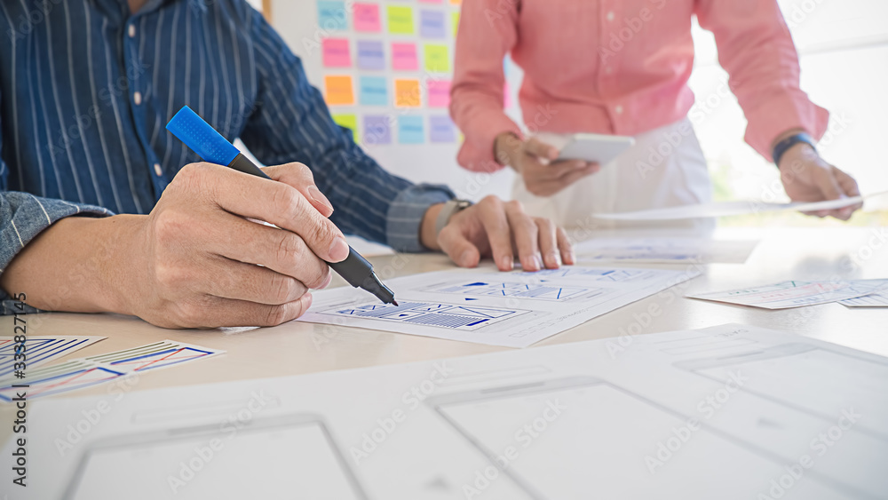 Wall mural creative web designer planning application and developing template layout, framework for mobile phon