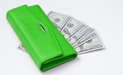 Green purse and hundred dollar bills on a white background. Minimalistic financial concept of family budget