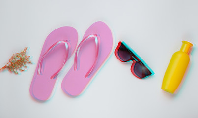 Summer still life. Beach accessories. Fashionable beach pink flip flops, sunblock bottle, sunglasses, seashell on white paper background. Glitch effect
