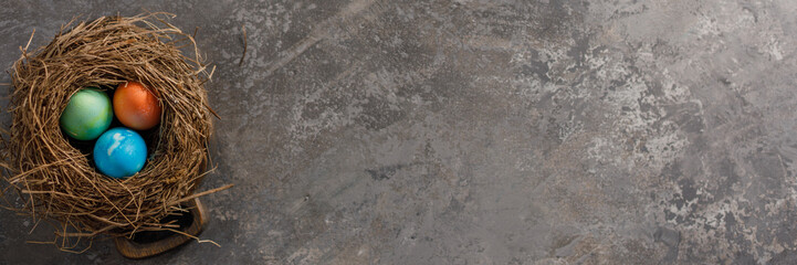 Easter eggs in a bird's nest on a textural background. Easter celebration concept. Copy space. Flat lay. Banner.