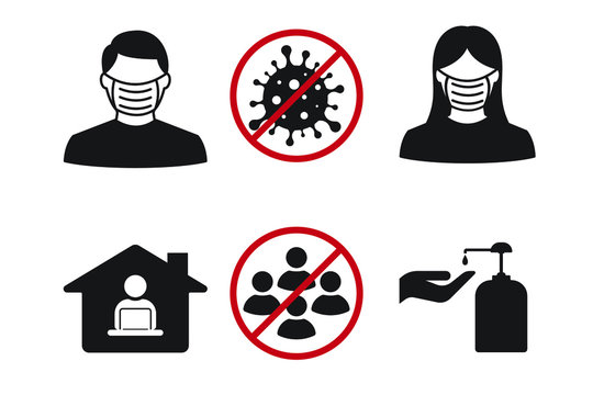 Icon images wearing a mask, Washing your hands, Work from home and avoiding assembly. Coronavirus or Covid 19 protection concept.