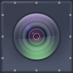 Camera lens with protection. Action camera covered protect glass. Protected execution. Lens with reflex closeup. Vector 3d illustration