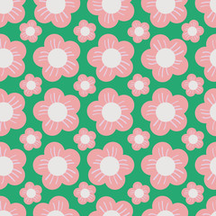Pink Hand Drawn Flower on Green Background Seamless Vector Pattern. Perfect for Fabric, Wallpaper and Scrap Booking.