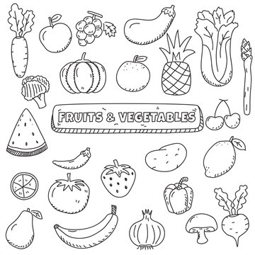 Fruits and vegetables doodles collection in cute hand drawn style isolated on white background 