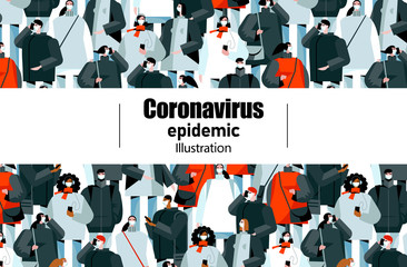 Coronavirus epidemic in world. Novel coronavirus 2019-nCoV, people of different races in a white medical face masks. Concept of quarantine vector illustration EPS 10